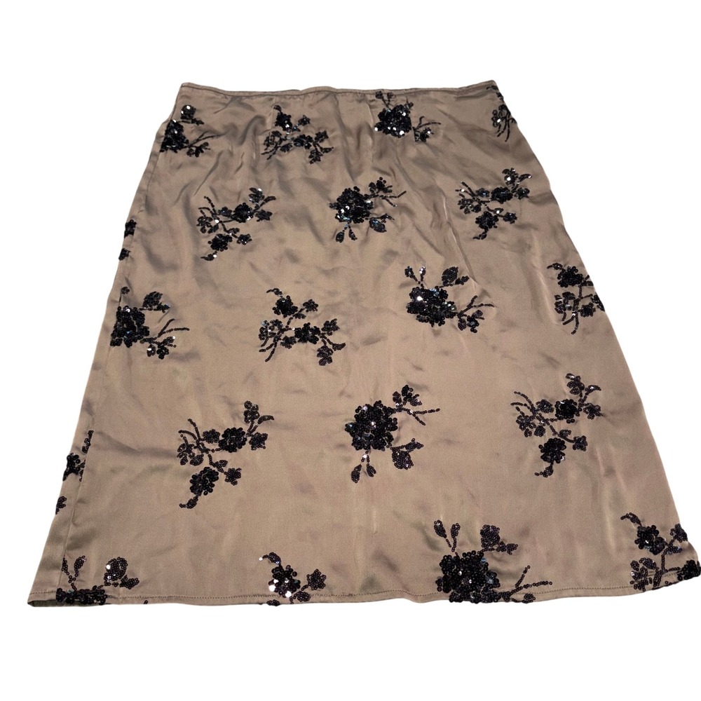 Floral Sequin Satin Midi Skirt Evening Party Womens XL Brown NVLT
